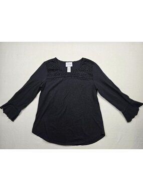 Alfred Dunner Womens Black 3/4 Sleeve Cotton Knit Top Lace Accents Size S